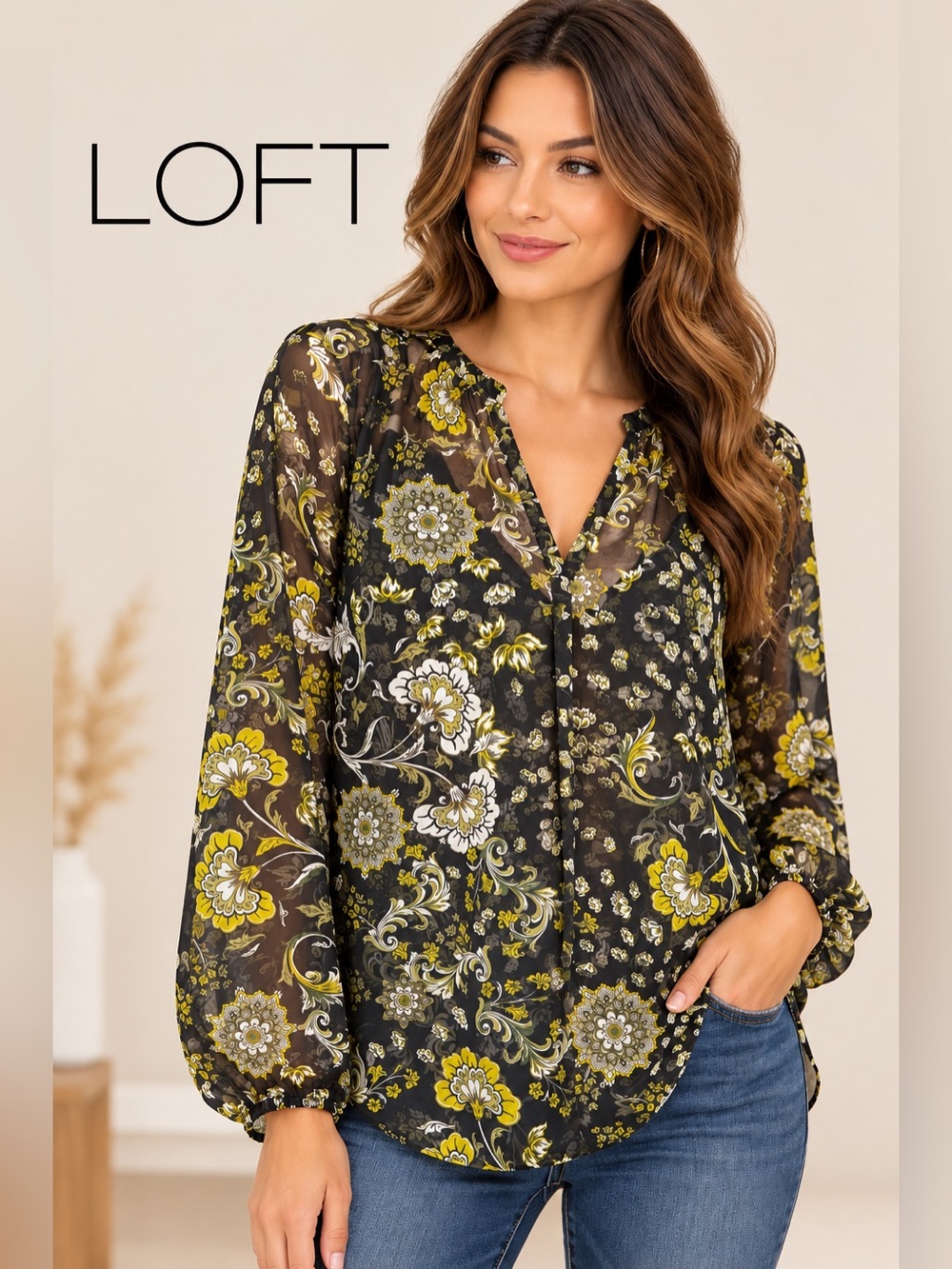 LOFT Outlet Floral Chiffon Blouse Black Gold Boho Tunic Size L